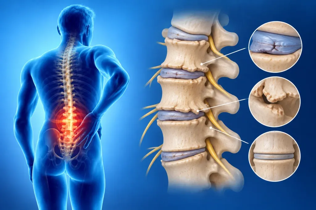 Degenerative spine conditions illustration showing lumbar disc degeneration, reduced disc height, bone changes, and lower back pain - Spineax - Bogotá, Colombia