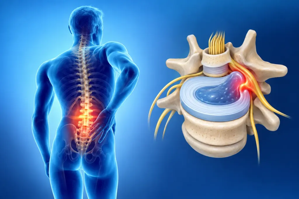 Herniated disc illustration showing lumbar nerve compression and lower back pain - Spineax - Bogotá, Colombia