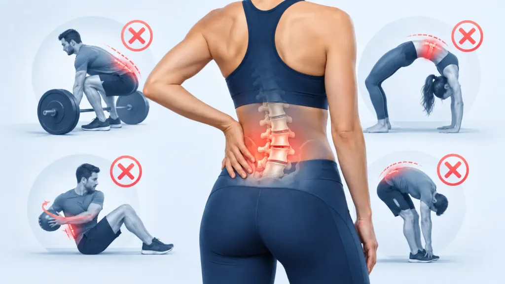 Ilustración de ejercicios que conviene evitar con espondilolistesis y dolor en la zona lumbar - Spineax - Bogotá, Colombia