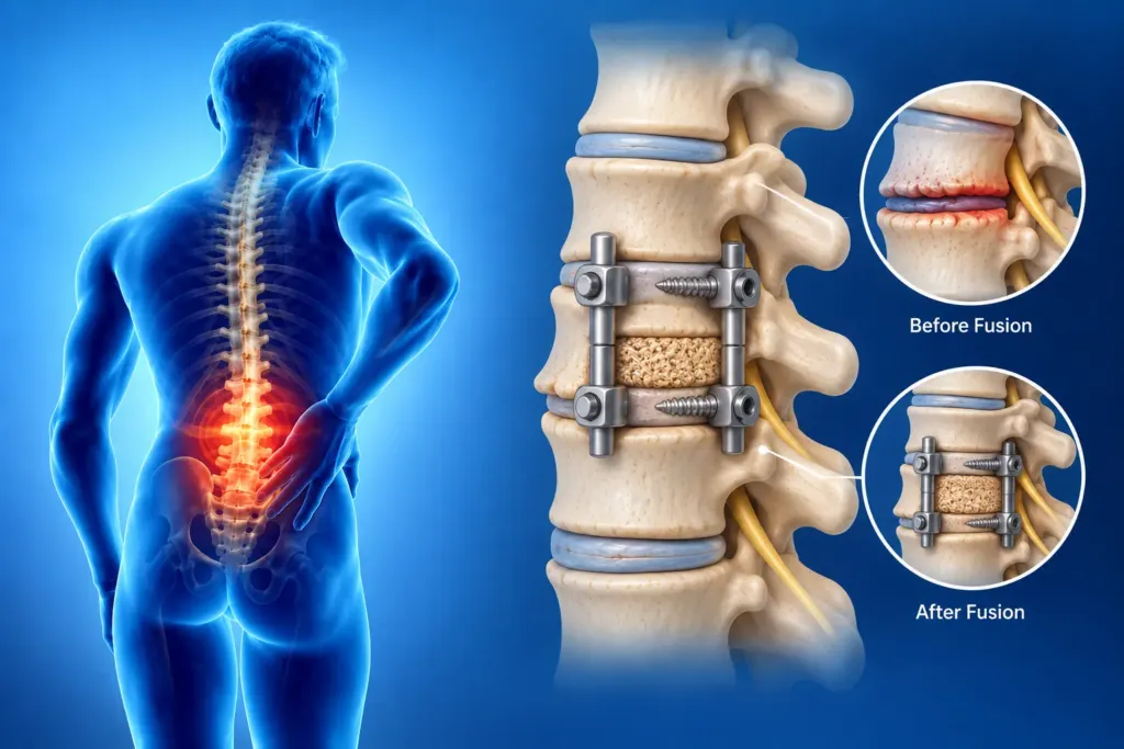 Lumbar spinal fusion illustration showing pain in the lower spine, fusion hardware, bone graft, and before-and-after surgical views