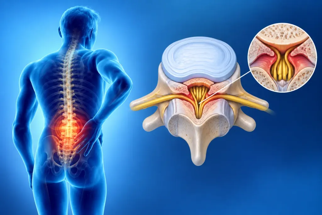 Spinal stenosis illustration showing narrowing of the spinal canal and compression of lumbar nerve roots - Spineax - Bogotá, Colombia
